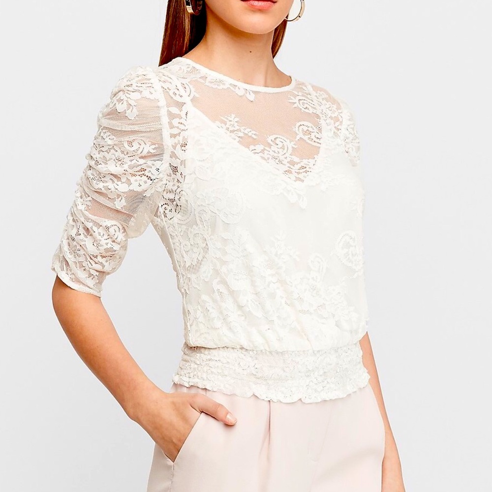 Express ivory lace puff cinched sleeve smocked top